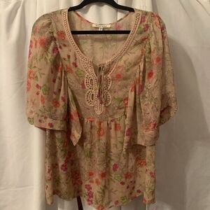 Black Rainn Top Womens Petite XL Floral Print Blouse Sheer Short Sleeve